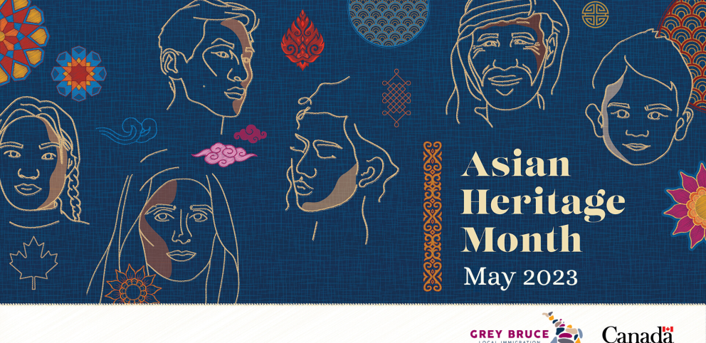 Picture with a dark blue background with textured motifs from across Asia.  Text:  Asian Heritage Month May 2023. Canada and GBLIP Logos.