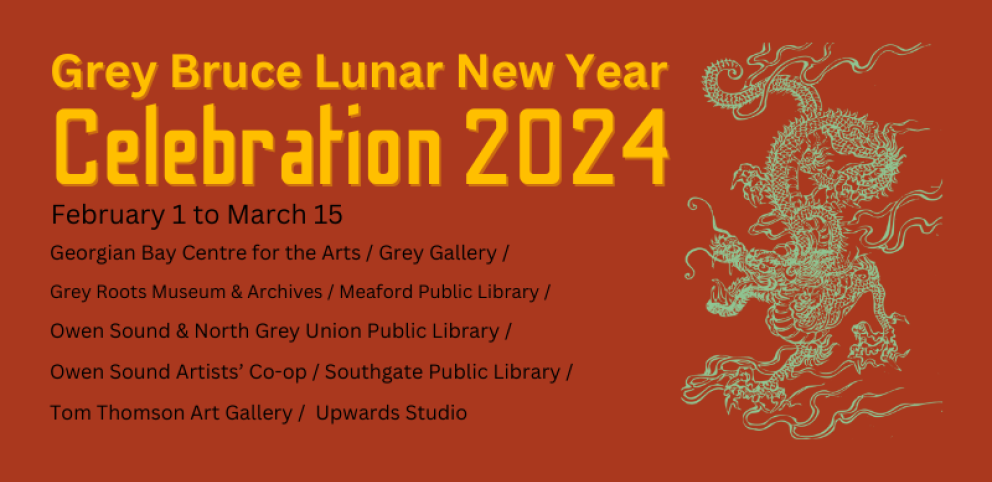 red background with green dragon on the right and a list of locations of Grey Bruce Lunar New Year Celebration 2024 events on the left.