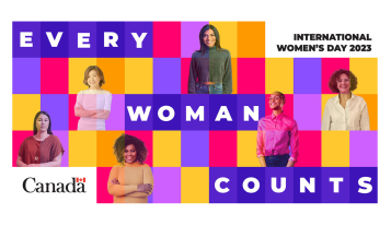 Image of International Women’s Day 2023 featuring six women from various ages and ethnic backgrounds in a colourful purple, pink and yellow grid. This year’s theme ‘’Every Woman Counts’’ appears in purple squares of the grid. The name of the day is in the top right corner on a white background, and the Canada wordmark is in the bottom left corner, also on a white background.