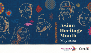 Picture with a dark blue background with textured motifs from across Asia.  Text:  Asian Heritage Month May 2023. Canada and GBLIP Logos.