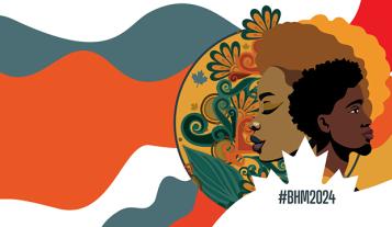 Image featuring a colourful background made up of vibrant blue, orange, and red colours with floral detailing and two prominent faces at the forefront. Text: #BHM2024