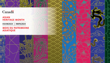 English text Asian Heritage Month and #AHM2024, and French text Mois du patrimoine asiatique and  #MPA2024 on background of an array of vibrant colours, designs and textures that reflect the vast and diverse cultures of Asia. 